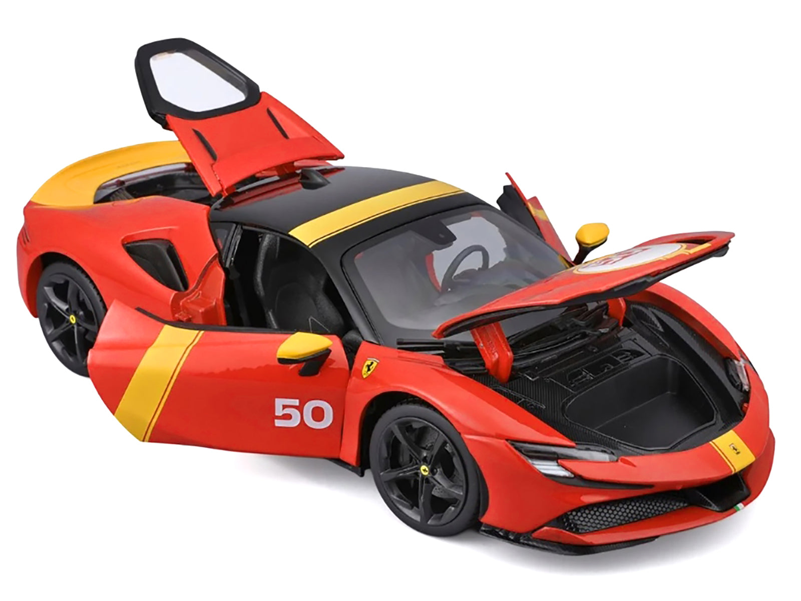 Ferrari SF90 Stradale Assetto Fiorano #50 Red with Black Top and Yellow Stripes 1/18 - Image 2