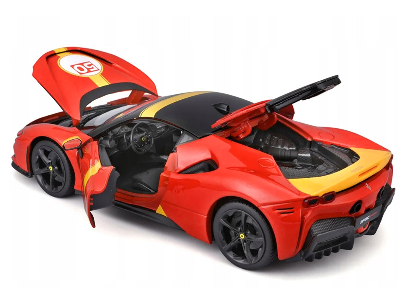 Ferrari SF90 Stradale Assetto Fiorano #50 Red with Black Top and Yellow Stripes 1/18 - Image 4