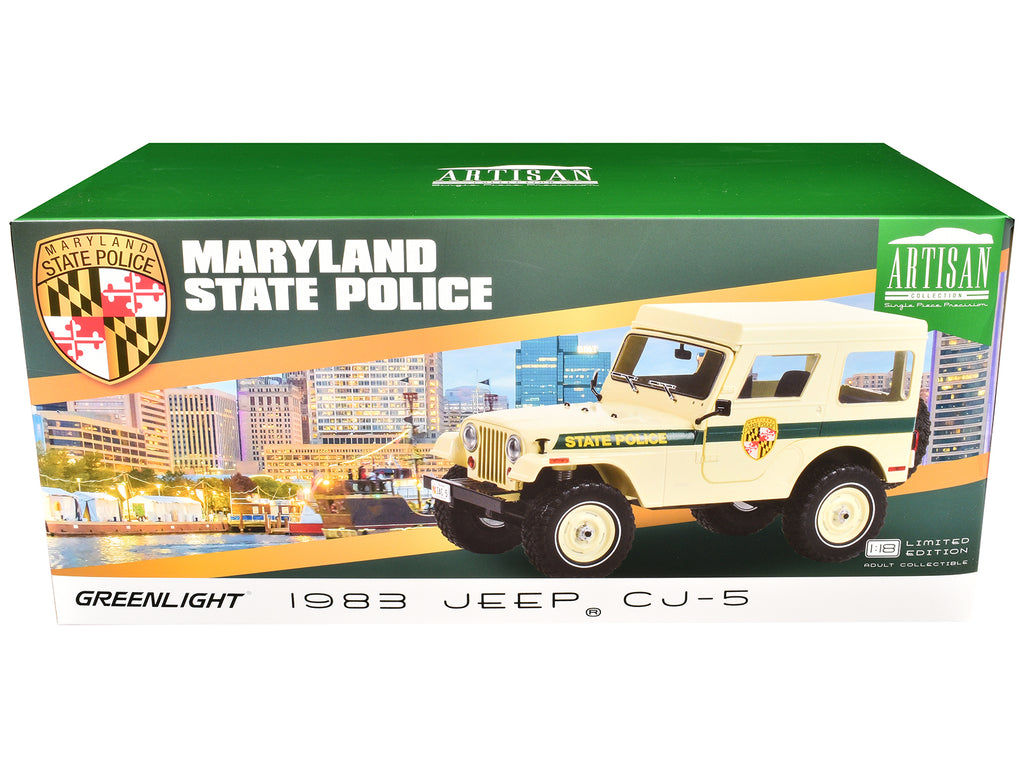1983 Jeep CJ-5 Hardtop "Maryland State Police" Beige with Green Stripes 1/18 - Image 3