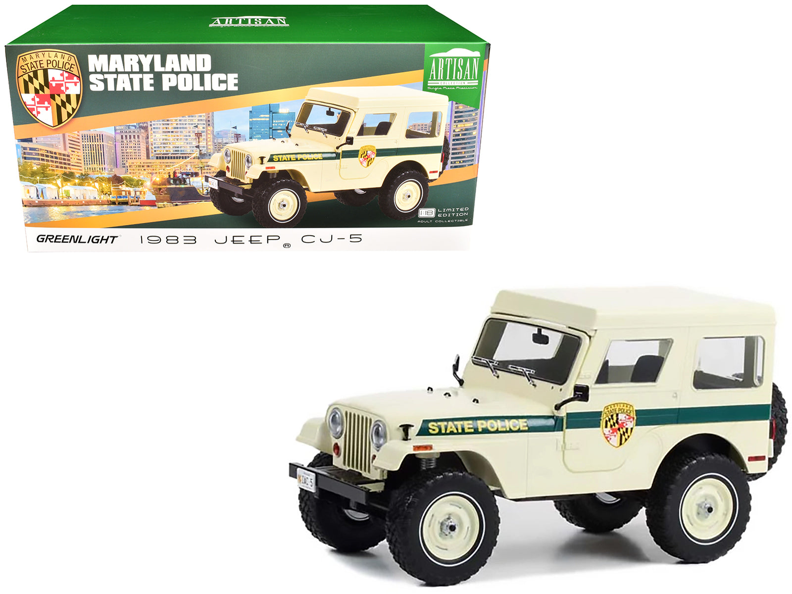 1983 Jeep CJ-5 Hardtop "Maryland State Police" Beige with Green Stripes 1/18