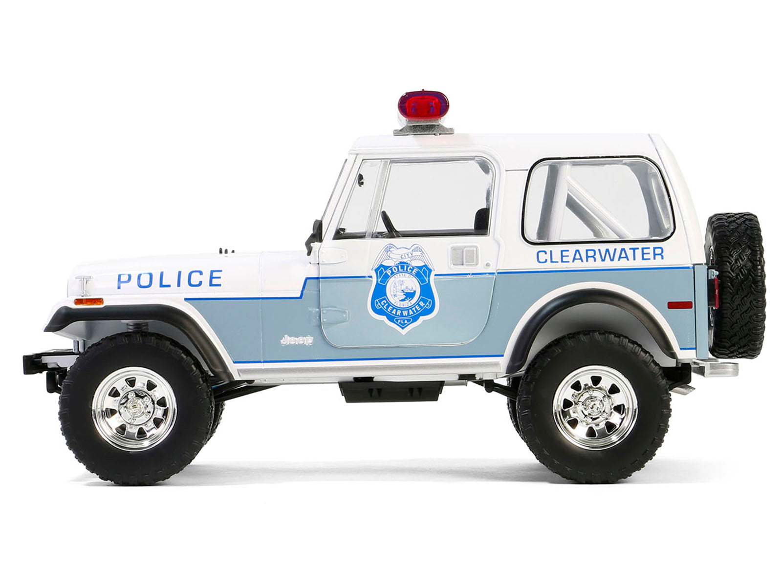 1982 Jeep CJ-7 "Clearwater Florida Police Department" White and Light Blue 1/18 - Image 4