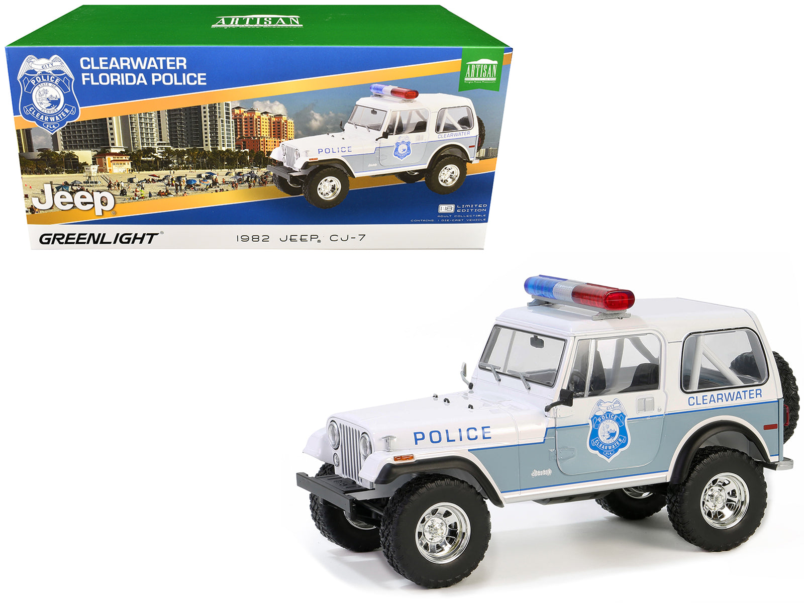 1982 Jeep CJ-7 "Clearwater Florida Police Department" White and Light Blue 1/18