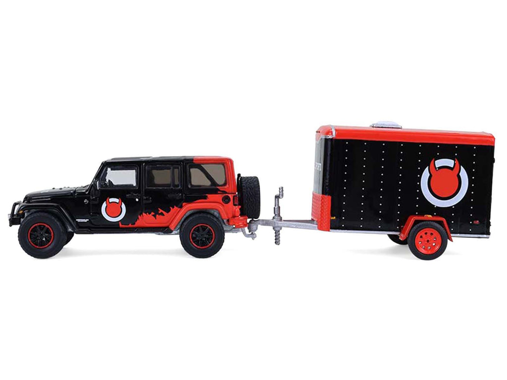 2012 Jeep Wrangler Unlimited "Diablo Sport" Black with Red Graphics and Small Cargo Trailer 33 1/64 Cars - Image 2