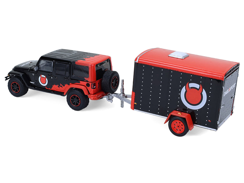 2012 Jeep Wrangler Unlimited "Diablo Sport" Black with Red Graphics and Small Cargo Trailer 33 1/64 Cars - Image 3