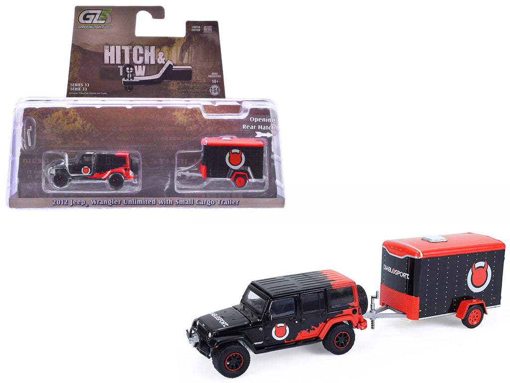 2012 Jeep Wrangler Unlimited "Diablo Sport" Black with Red Graphics and Small Cargo Trailer 33 1/64 Cars
