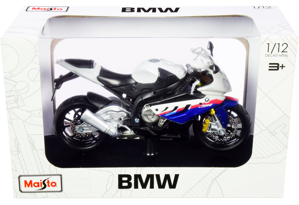 BMW S 1000 RR White with Blue and Red Stripes with Plastic Display Stand 1/12 Motorcycle Model - Image 3
