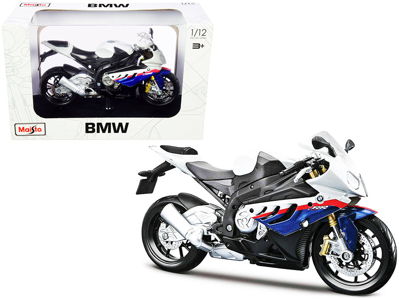 BMW S 1000 RR White with Blue and Red Stripes with Plastic Display Stand 1/12 Motorcycle Model