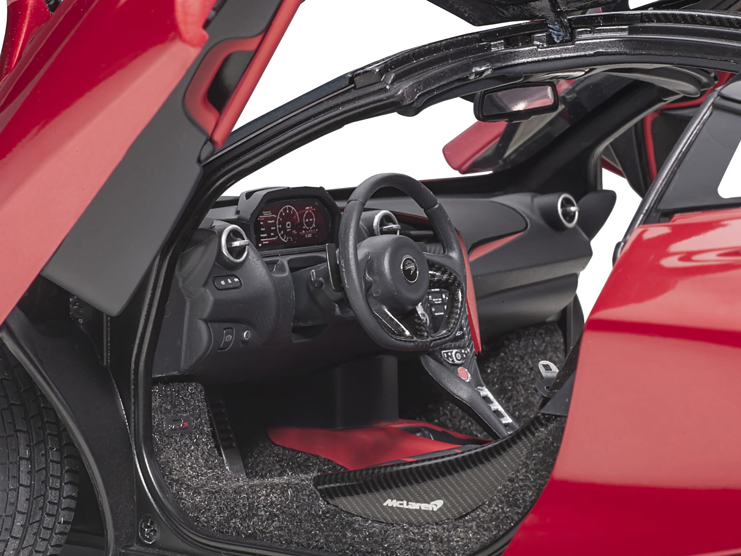 Mclaren 720S Memphis Red Metallic with Black Top and Carbon Accents 1/18 Model Car - Image 3