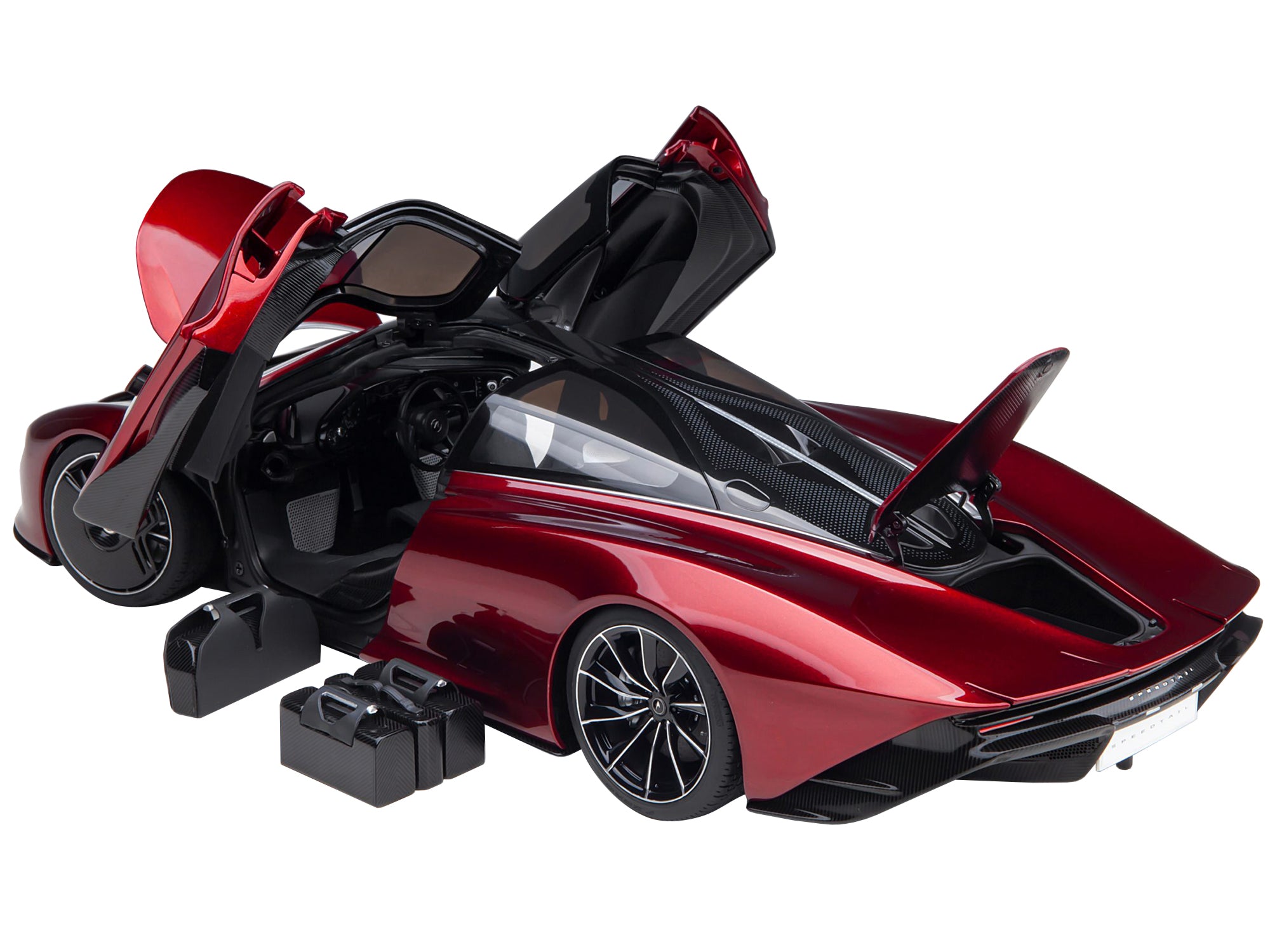 McLaren Speedtail Volcano Red Metallic with Black Top and Suitcase Accessories 1/18 Model Car - Image 2