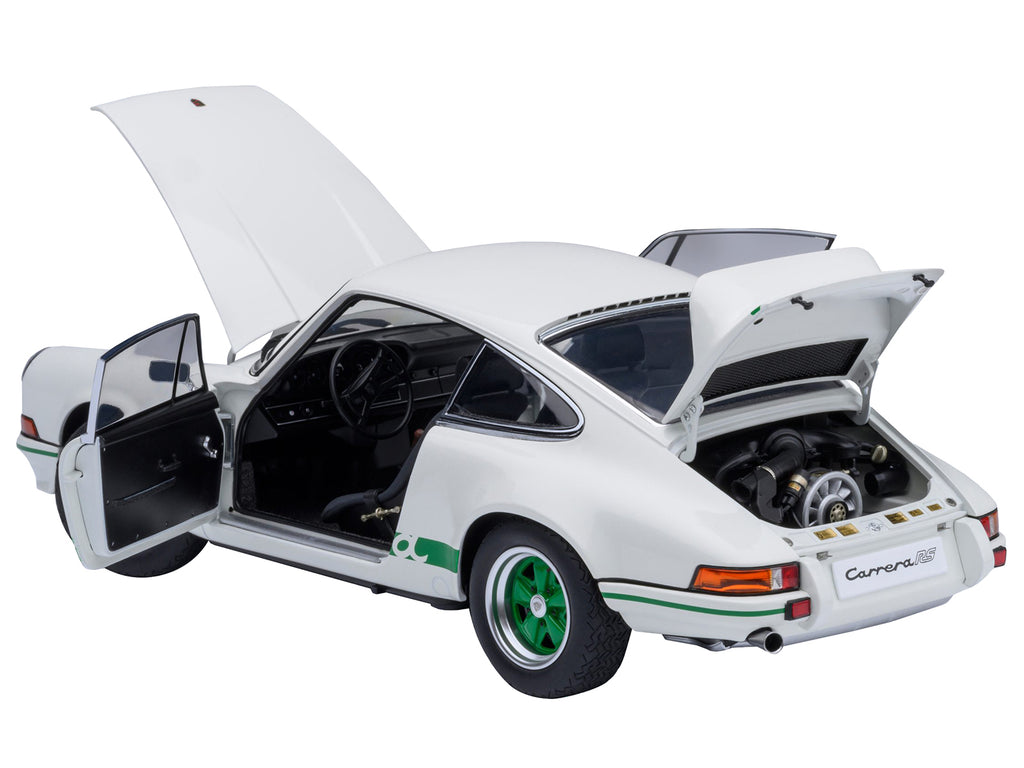 Porsche 911 Carrera 2.7 RS Grand Prix White with Green Stripes and Wheels 1/18 Model Car - Image 2