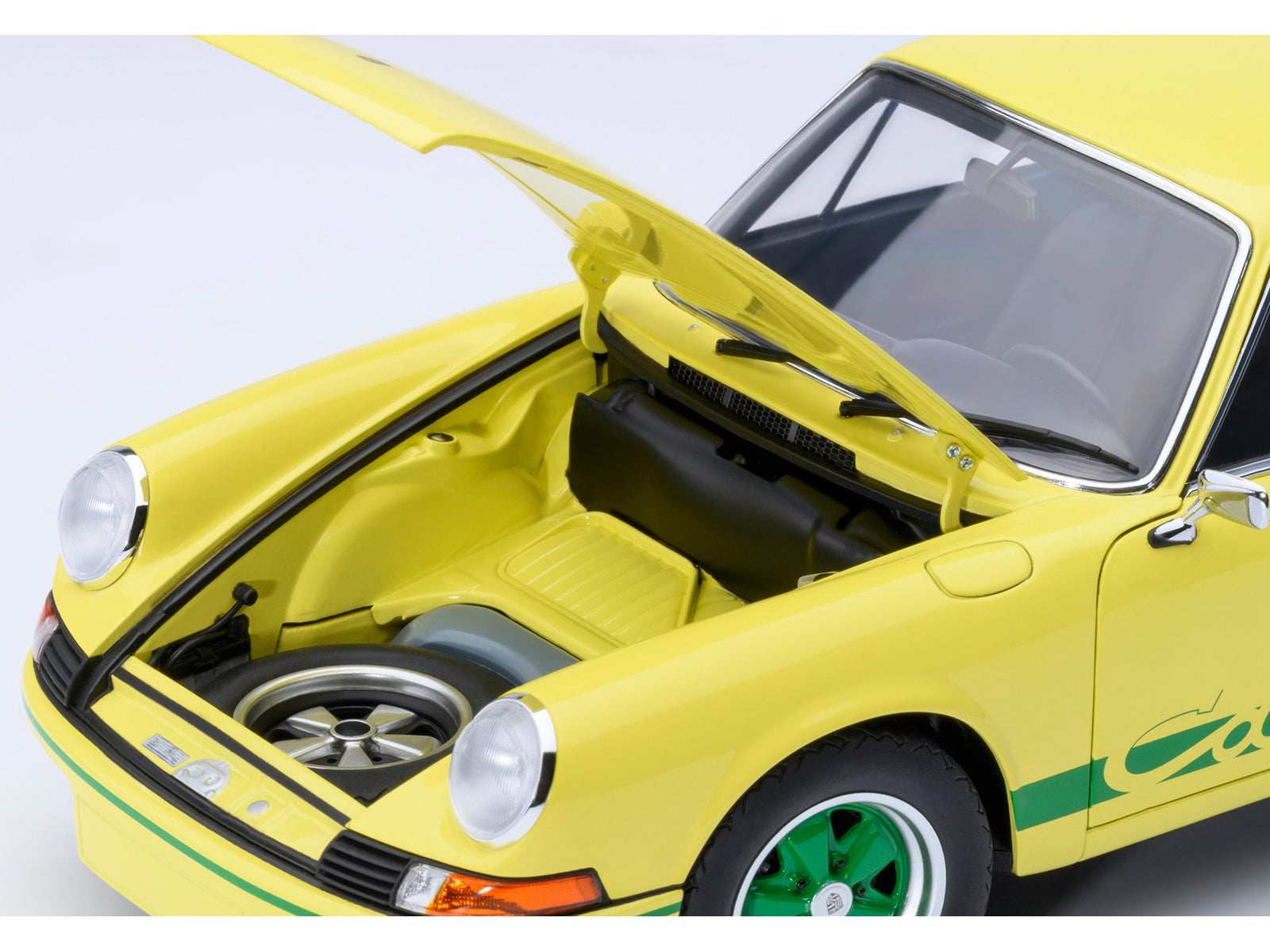 Porsche 911 Carrera 2.7 RS Light Yellow with Green Stripes and Wheels 1/18 Model Car - Image 3