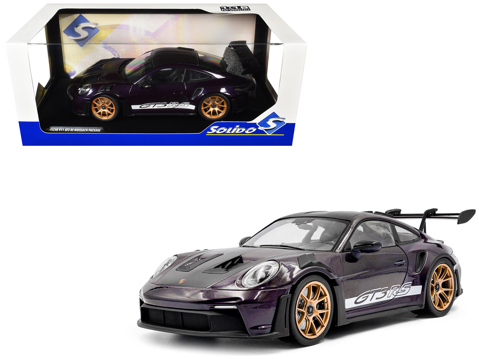 2024 Porsche 911 GT3 RS Weissach Package Viola Purple Metallic with Carbon Hood Stripes and Top 1/18