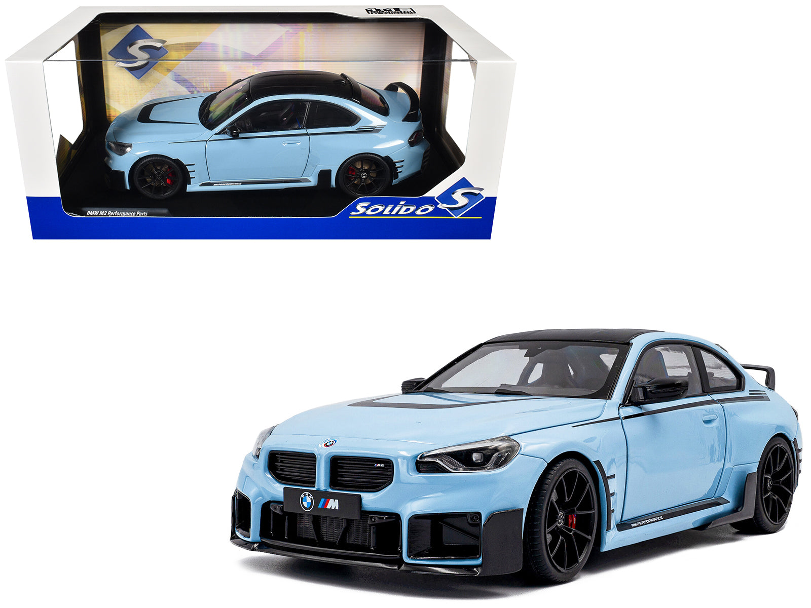 2024 BMW M2 Performance Parts Zandvoort Blue with Carbon Top and Black Stripes 1/18