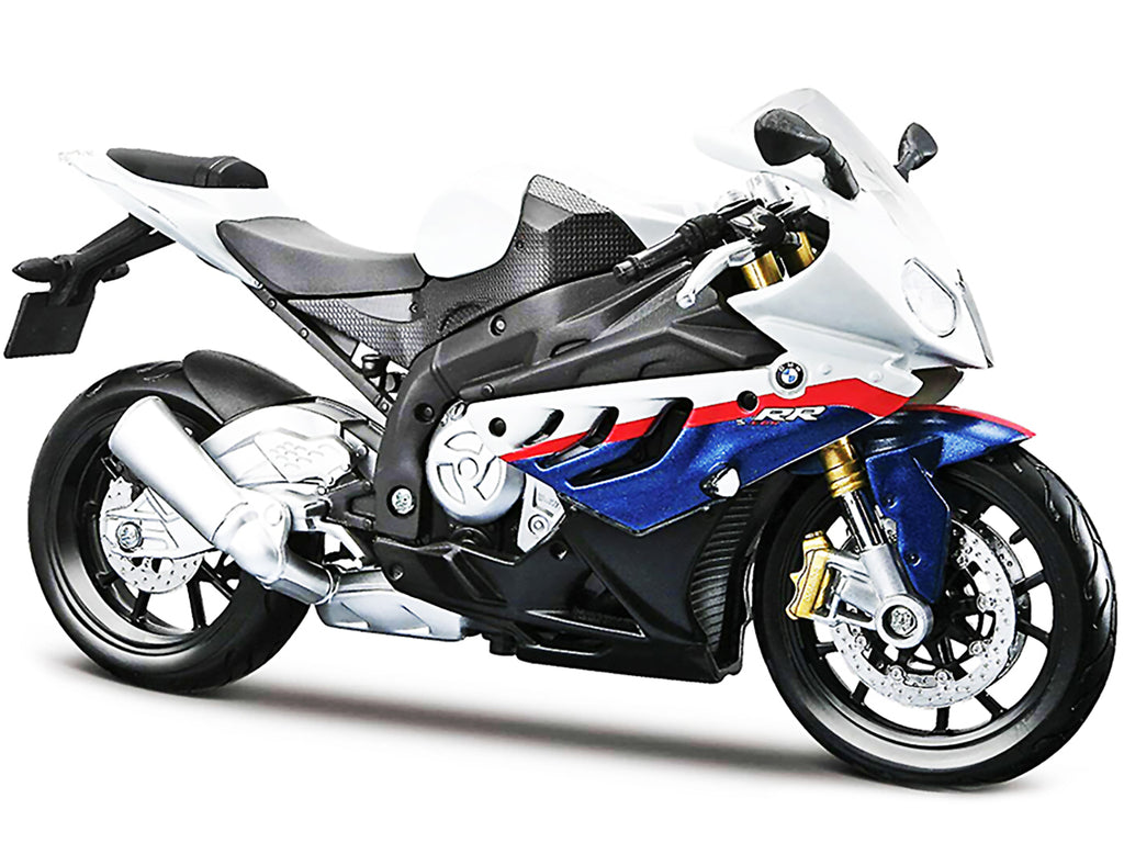 BMW S 1000 RR White with Blue and Red Stripes with Plastic Display Stand 1/12 Motorcycle Model - Image 2